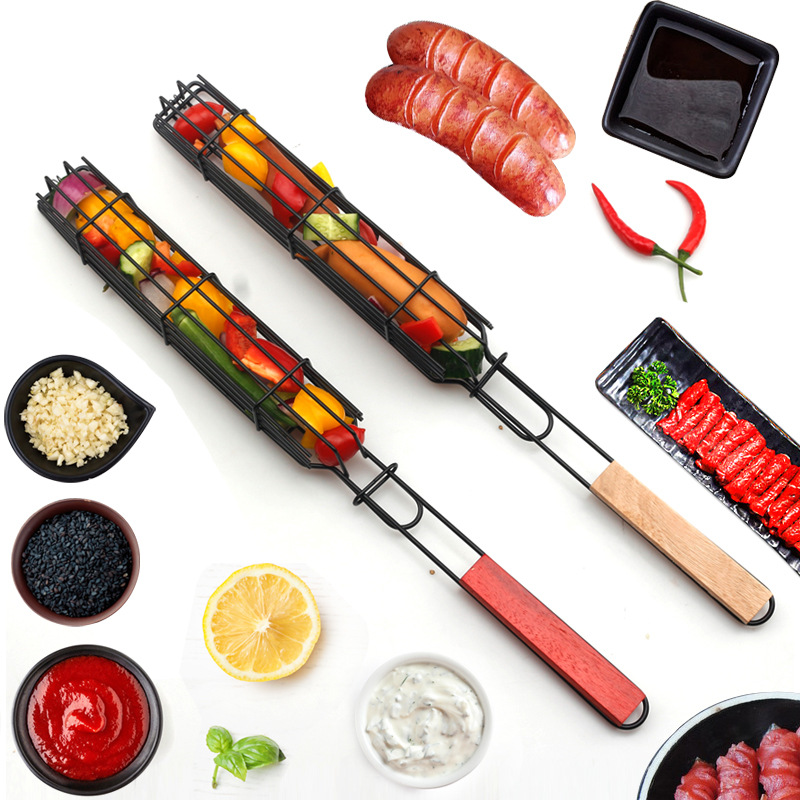 Hot Dog Roast Baking Cage Sausage Toast Clamp Barbecue Gap Former Wooden Handle BBQ BBQ Grill Barbecue Grill Barbecue