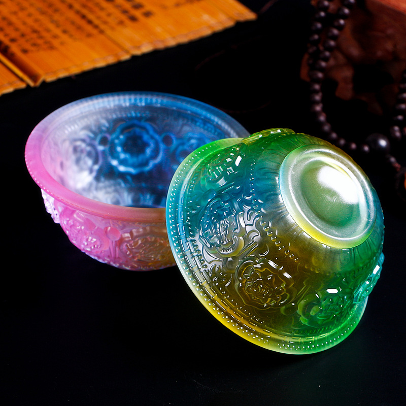 Colored Glaze Eight Auspicious Symbols Offering Water Bowl Buddha Worshiping Lamp Butter Lamp Lotus Lantern