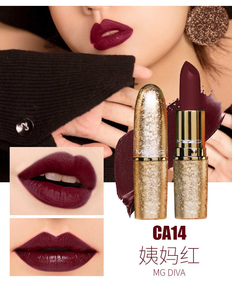 H TikTok Same Style Hot Selling MYG Gold Tube Snowflake Limited Edition Bullet Lipstick Pepper Red Brick Red Soil Orange Moisturizing