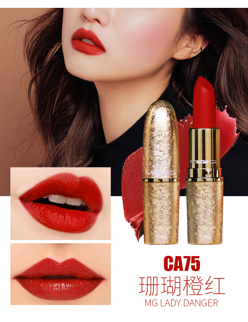 H TikTok Same Style Hot Selling MYG Gold Tube Snowflake Limited Edition Bullet Lipstick Pepper Red Brick Red Soil Orange Moisturizing