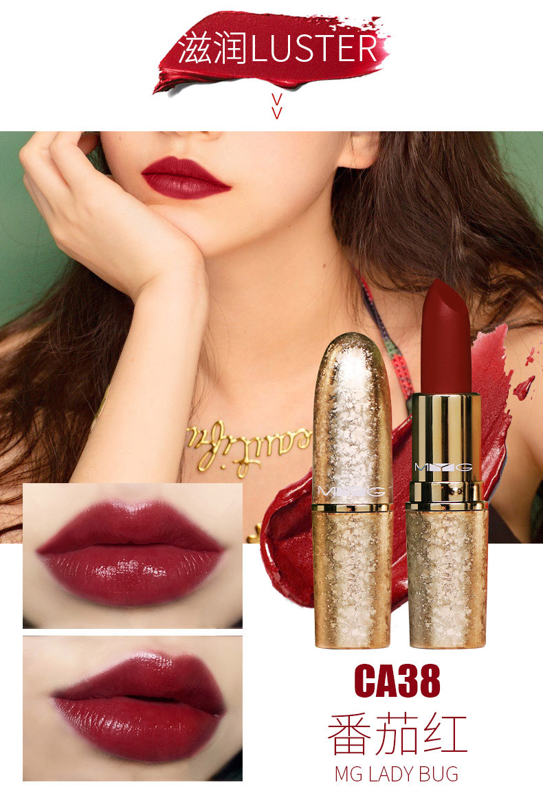 H TikTok Same Style Hot Selling MYG Gold Tube Snowflake Limited Edition Bullet Lipstick Pepper Red Brick Red Soil Orange Moisturizing