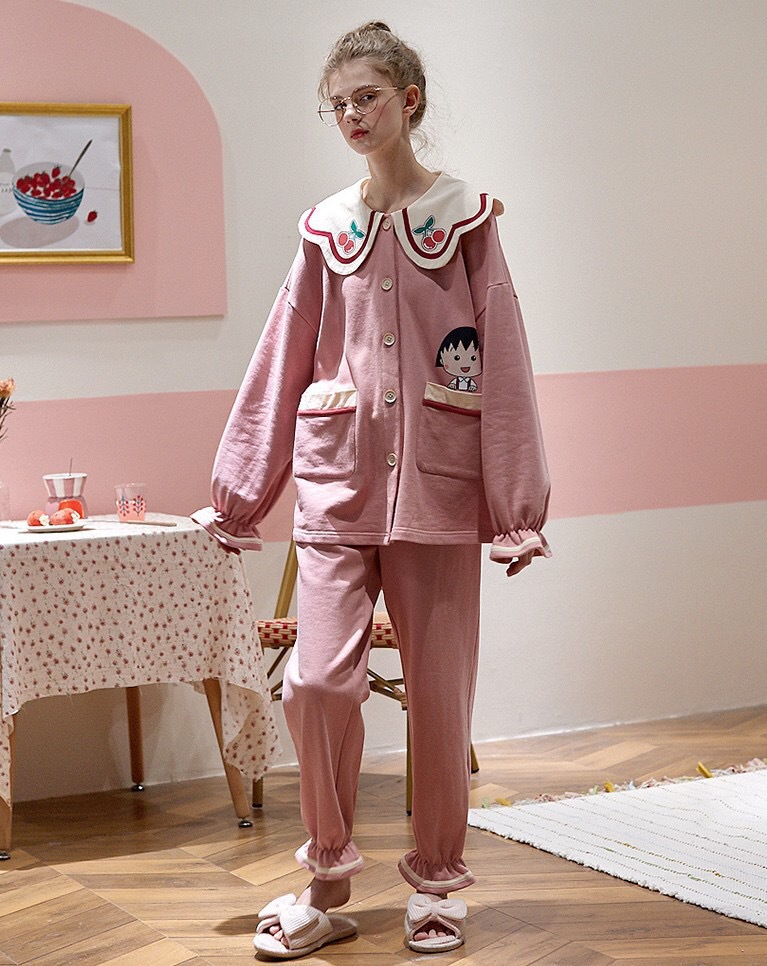 Gukoo/Fruit Shell Same Style Maruko Pajamas Spring and Autumn Pink Long Sleeve Suit Casual Cute Girl Homewear