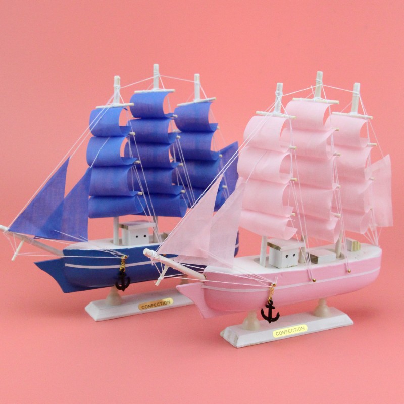 Creative Wooden Sailboat Decoration Smooth Sailing Blue Pink Mediterranean Sailing Decoration Decoration Wholesale Sailing Model
