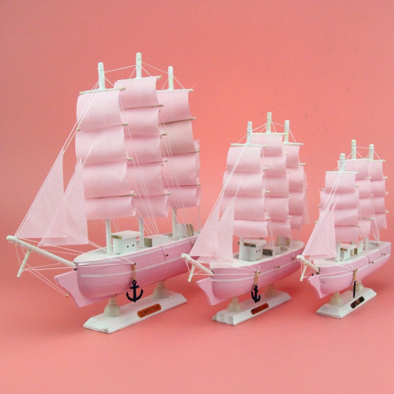 Creative Wooden Sailboat Decoration Smooth Sailing Blue Pink Mediterranean Sailing Decoration Decoration Wholesale Sailing Model