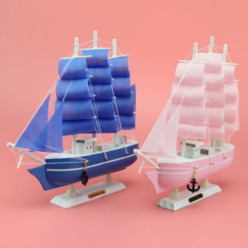 Creative Wooden Sailboat Decoration Smooth Sailing Blue Pink Mediterranean Sailing Decoration Decoration Wholesale Sailing Model