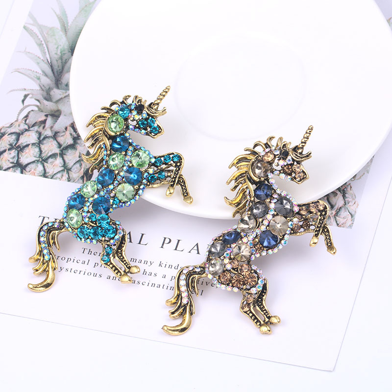 European and American Fashion Crystal Unicorn Brooch Plating Ancient &amp; Gold Retro Animal Corsage Women&#039;s Clothing Accessories Pin Wholesale
