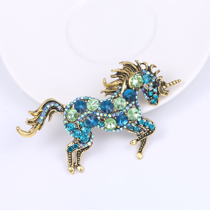 European and American Fashion Crystal Unicorn Brooch Plating Ancient &amp; Gold Retro Animal Corsage Women&#039;s Clothing Accessories Pin Wholesale