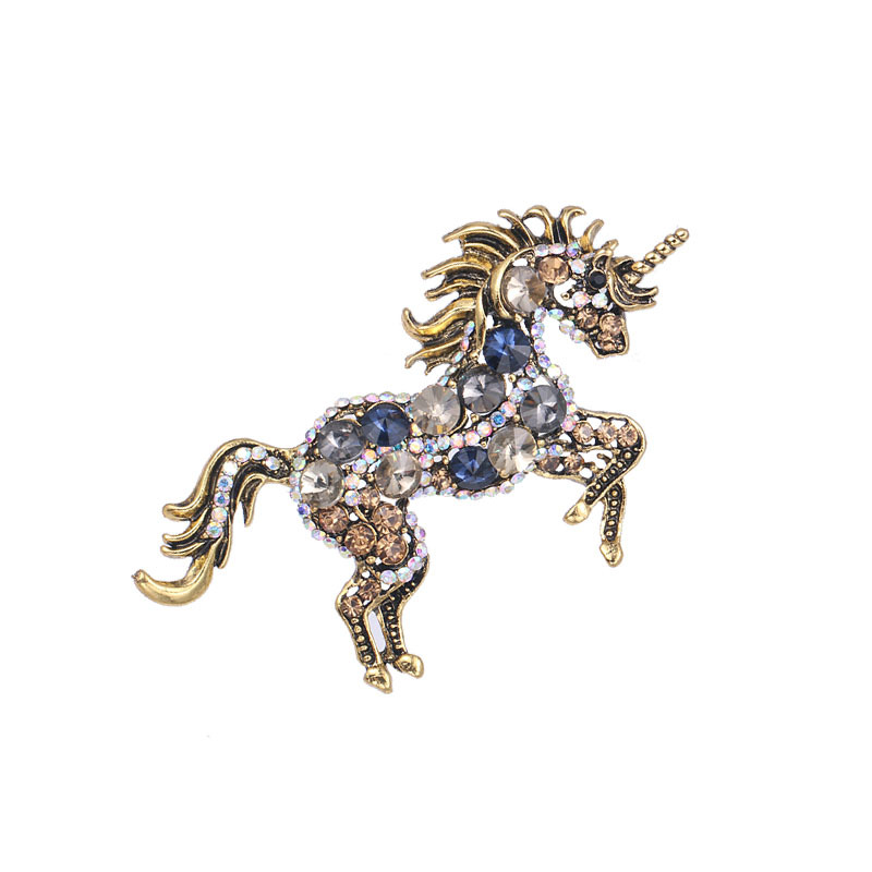 European and American Fashion Crystal Unicorn Brooch Plating Ancient &amp; Gold Retro Animal Corsage Women&#039;s Clothing Accessories Pin Wholesale