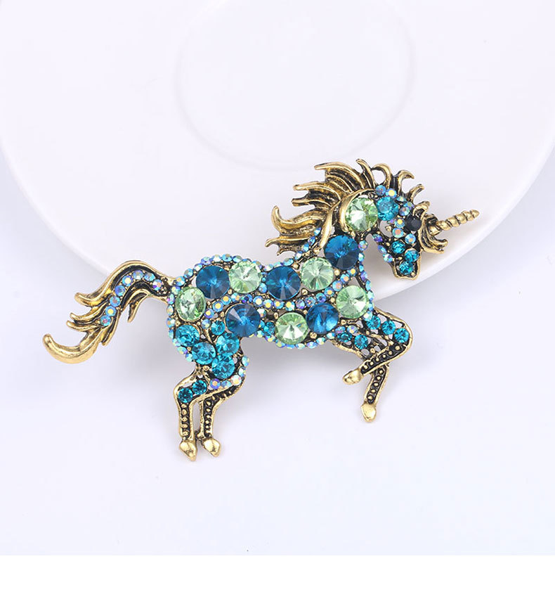 European and American Fashion Crystal Unicorn Brooch Plating Ancient & Gold Retro Animal Corsage Women's Clothing Accessories Pin Wholesale