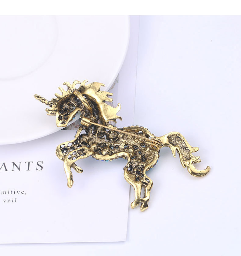 European and American Fashion Crystal Unicorn Brooch Plating Ancient & Gold Retro Animal Corsage Women's Clothing Accessories Pin Wholesale