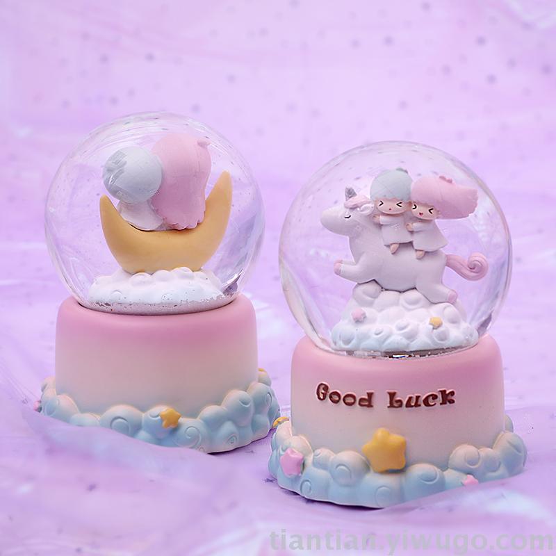 Resin craft set a moonlight little white horse Crystal Ball music box dream Luminous Snowflake Music Box
