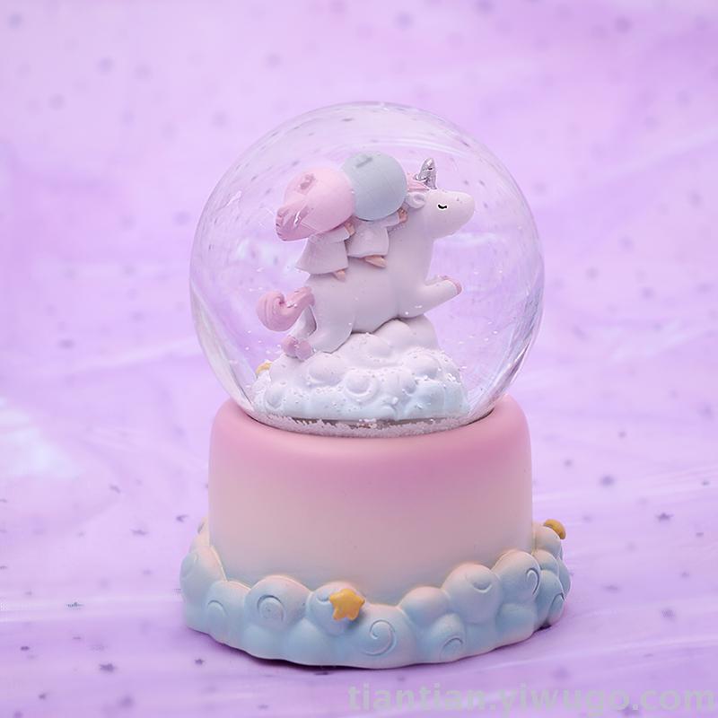 Resin craft set a moonlight little white horse Crystal Ball music box dream Luminous Snowflake Music Box