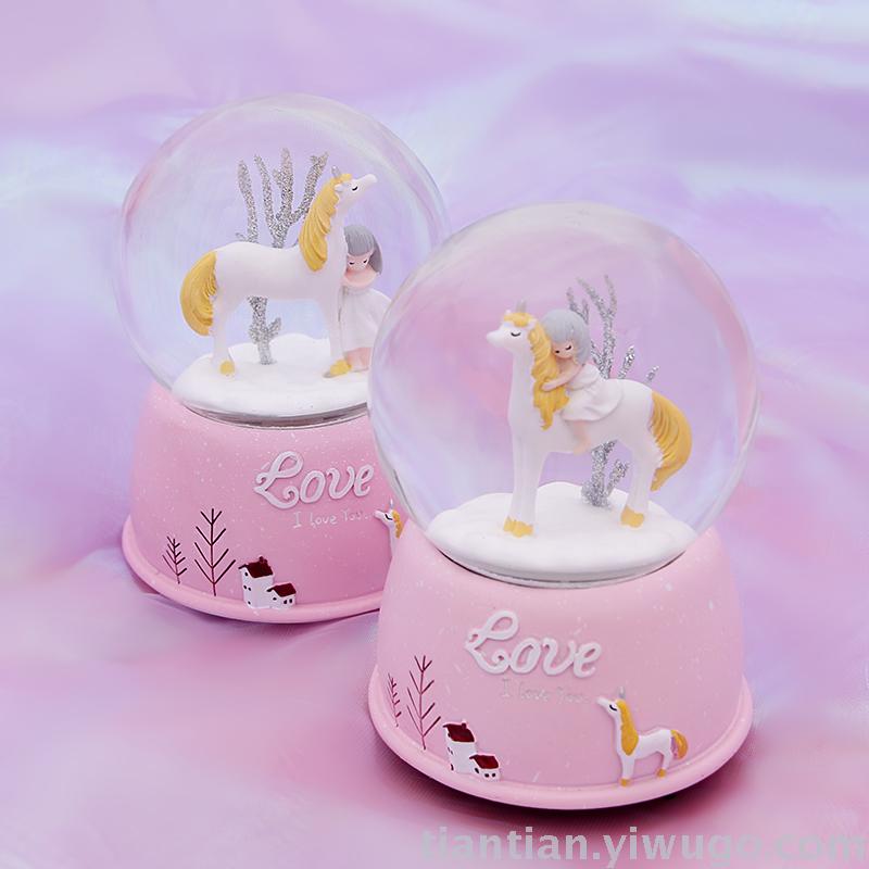 Resin craft Presents a pink unicorn Crystal ball music box Dreamlike Glow Snowflake music box