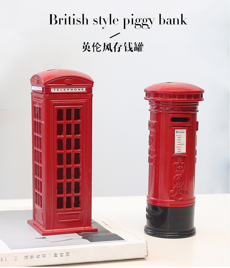 Spot Goods British Retro Zinc Alloy Telephone Booth Post Box Storage Model Piggy Bank Decoration Creative Home Desktop Decoration