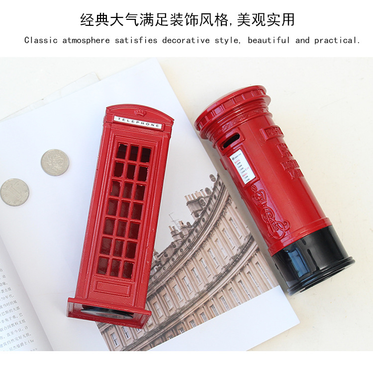 Spot Goods British Retro Zinc Alloy Telephone Booth Post Box Storage Model Piggy Bank Decoration Creative Home Desktop Decoration