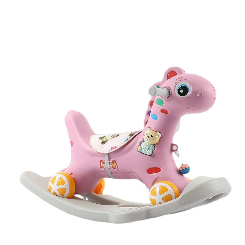 Trojan Horse Children&#039;s Rocking Horse Two-in-One Plastic Baby Rocking Horse Baby Four-Wheel Sliding Luge Music Kiddie Ride