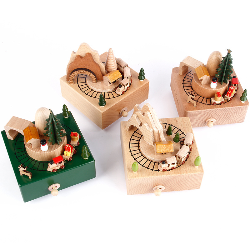 Wooden Trojan Music Box Decoration Children&#039;s Toy Christmas Holiday Creative Gift Hand Train Music Box DIY