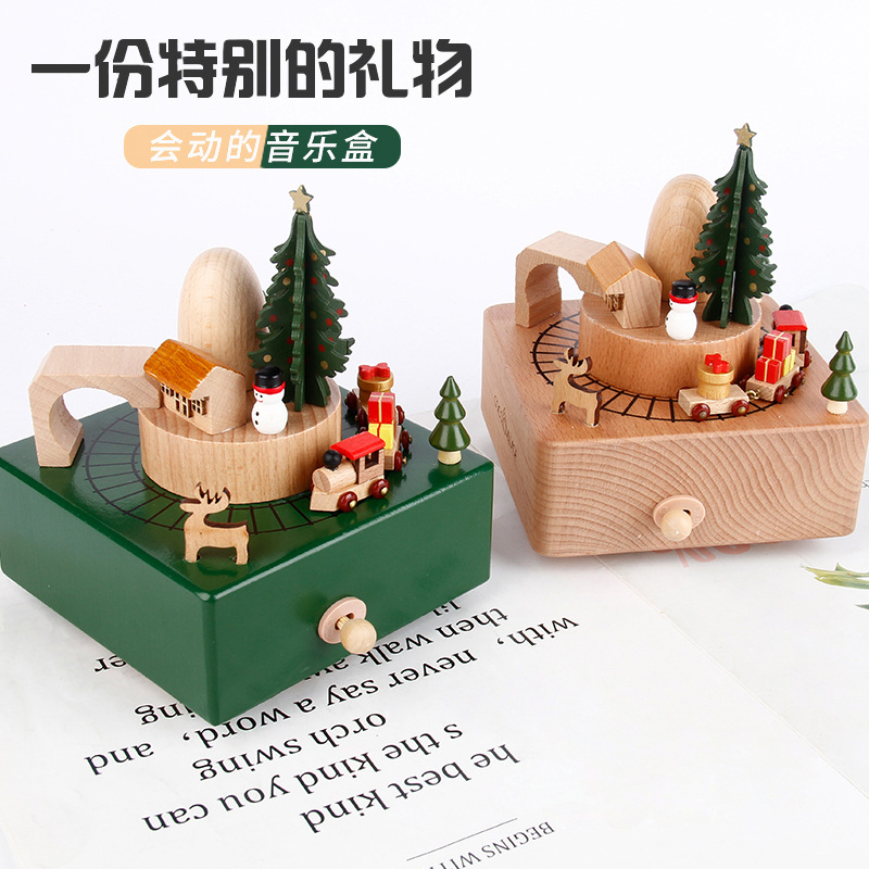 Wooden Trojan Music Box Decoration Children&#039;s Toy Christmas Holiday Creative Gift Hand Train Music Box DIY