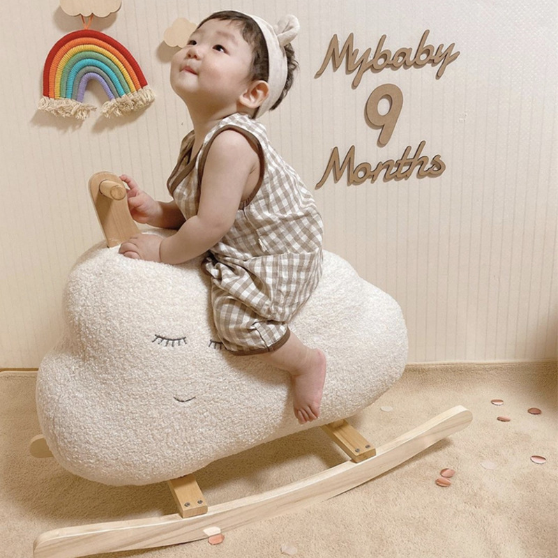 Korean Ins Children&#039;s Toy Trojan Baby Rocking Horse Solid Wood Adult Sitting Trojan