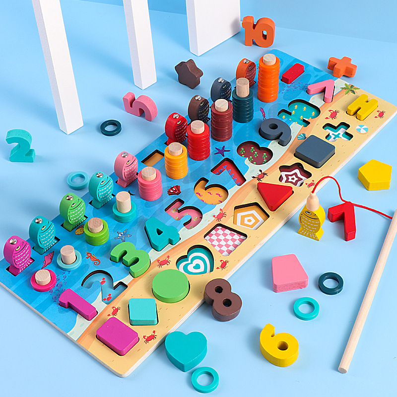 Children&#039;s Wooden Puzzle Five-in-One Marine Digital Computing Shape Matching Magnetic Fishing Magnetic Toy