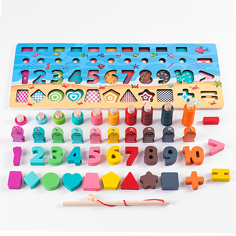 Children&#039;s Wooden Puzzle Five-in-One Marine Digital Computing Shape Matching Magnetic Fishing Magnetic Toy