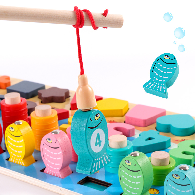 Children&#039;s Wooden Puzzle Five-in-One Marine Digital Computing Shape Matching Magnetic Fishing Magnetic Toy