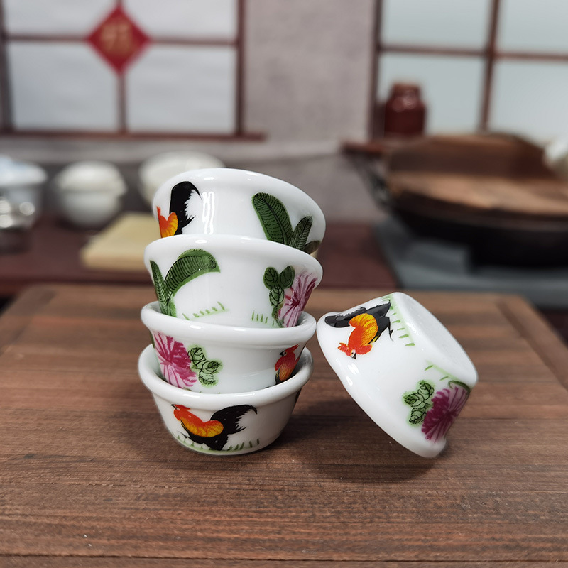 Pocket Story Mini Ceramic Bowl with Rooster Chicken Cup Retro Tableware Small Kitchen Miniature Candy Toy Model Toy