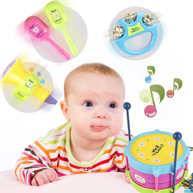 Baby Double-Sided Hand Knock Toy Small Waist Drum Children&#039;s Musical Instrument Sand Hammer Horn Five-Piece Set Toys for Children and Infants Wholesale
