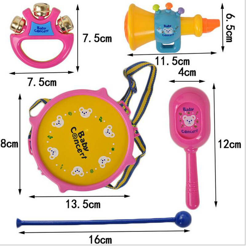 Baby Double-Sided Hand Knock Toy Small Waist Drum Children&#039;s Musical Instrument Sand Hammer Horn Five-Piece Set Toys for Children and Infants Wholesale
