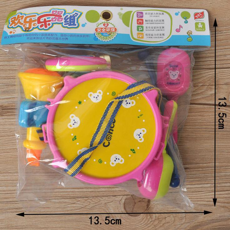 Baby Double-Sided Hand Knock Toy Small Waist Drum Children&#039;s Musical Instrument Sand Hammer Horn Five-Piece Set Toys for Children and Infants Wholesale