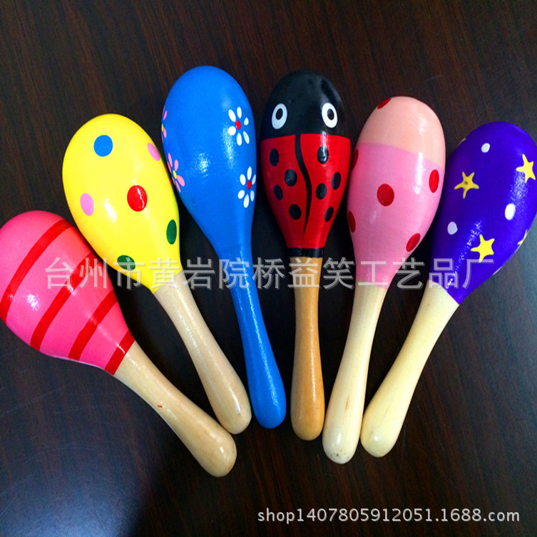 Factory Direct Sales Wooden Small Sand Hammer Sand Ball Wooden Cartoon Sand Hammer Infant Early Education Toys