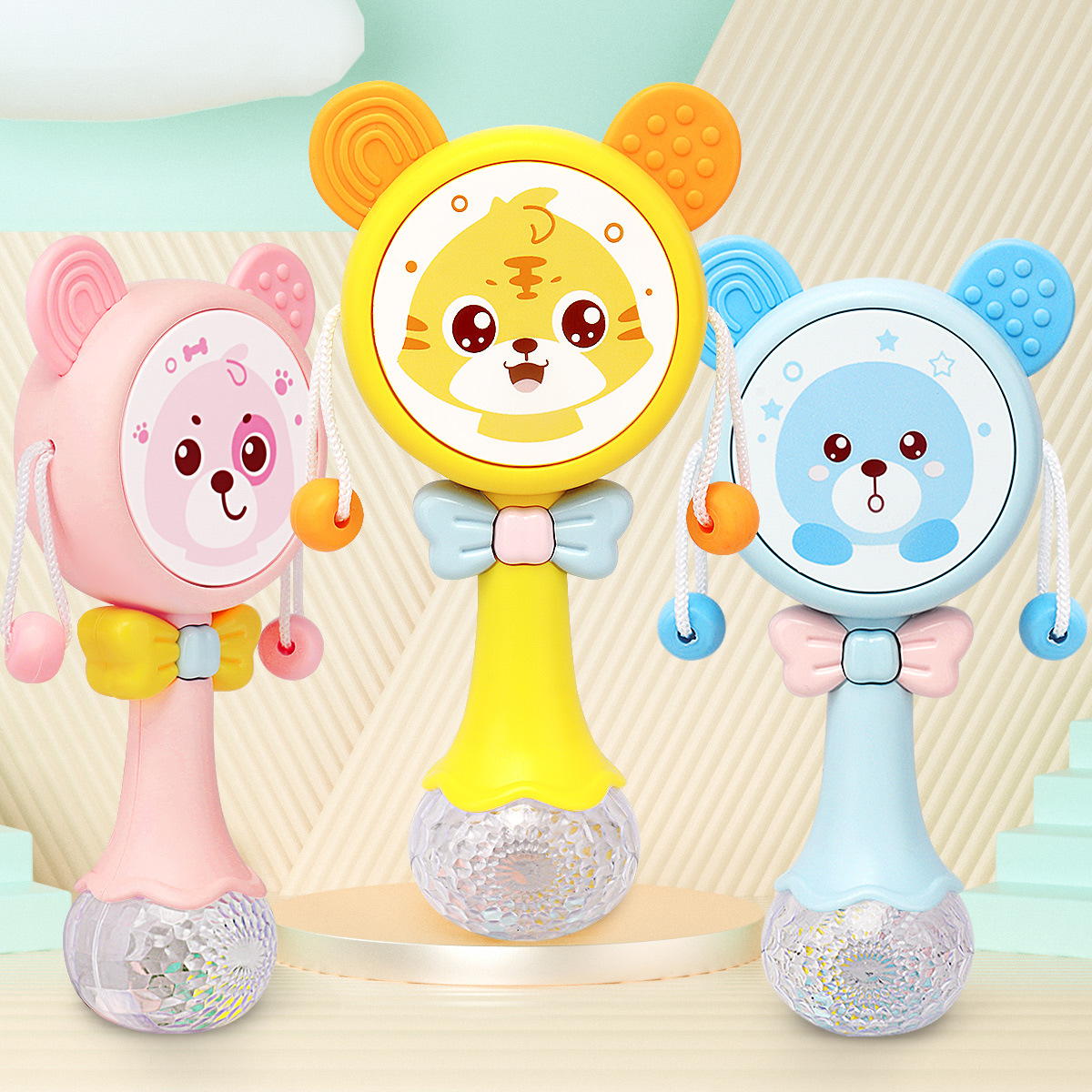 Sand Hammer Baby Rattle-Drum Rattle Biteable Baby Teether Animal Rattle Drum Sand Hammer Hot Sale Children