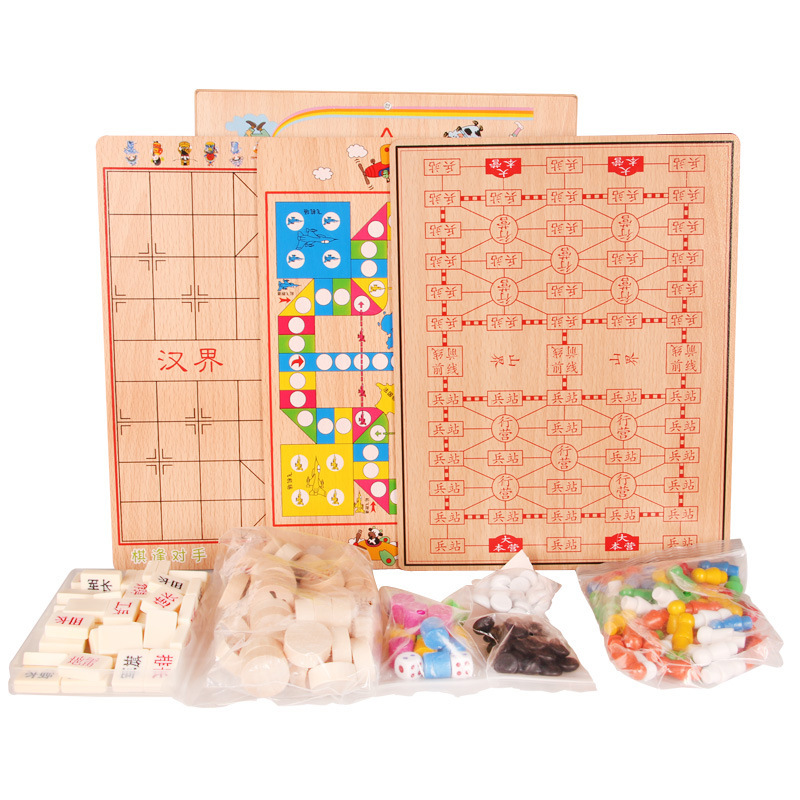 Wooden Children&#039;s Board Game Multi-Functional Chess Checkers Aeroplane Chess Five-in-a-Row Marbles Checkers