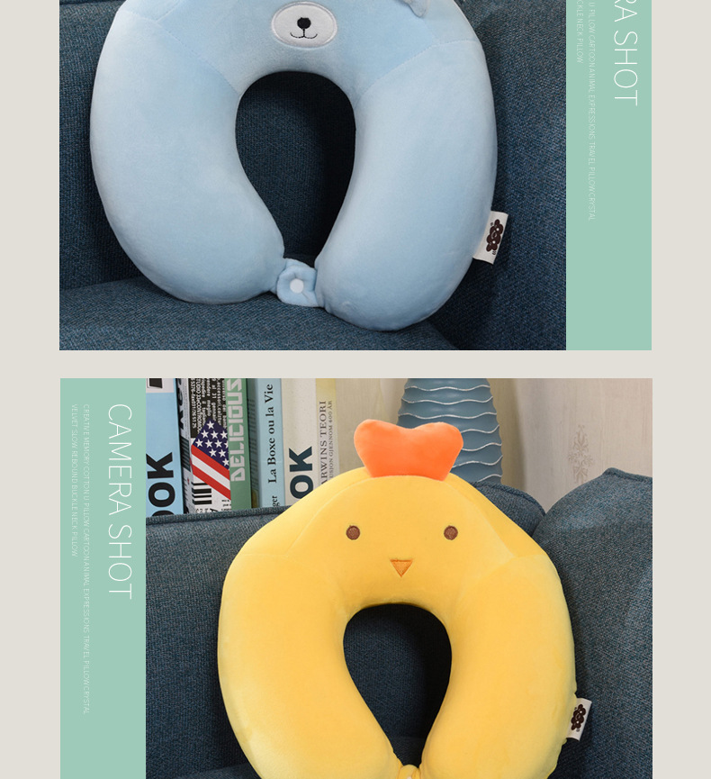 Creative Memory Foam U-Shaped Pillow Cartoon Animal Expression Travel Pillow Crystal Velvet Slow Rebound Buckle Neck Pillow
