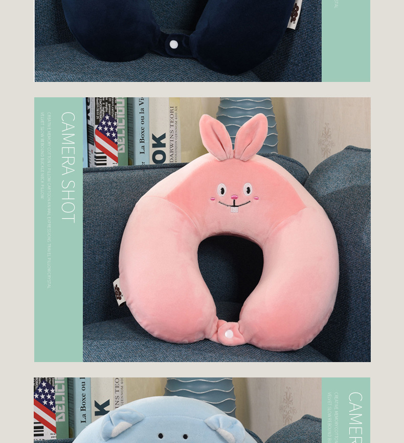 Creative Memory Foam U-Shaped Pillow Cartoon Animal Expression Travel Pillow Crystal Velvet Slow Rebound Buckle Neck Pillow