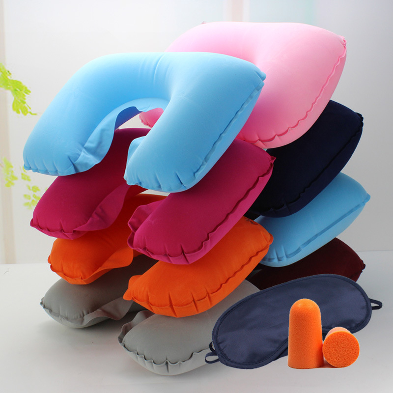Travel Three Pieces Car Aviation Pillow Flocking Inflatable Neck Pillow Travel Earplugs Eye Mask U-Shape Pillow Three-Piece Set