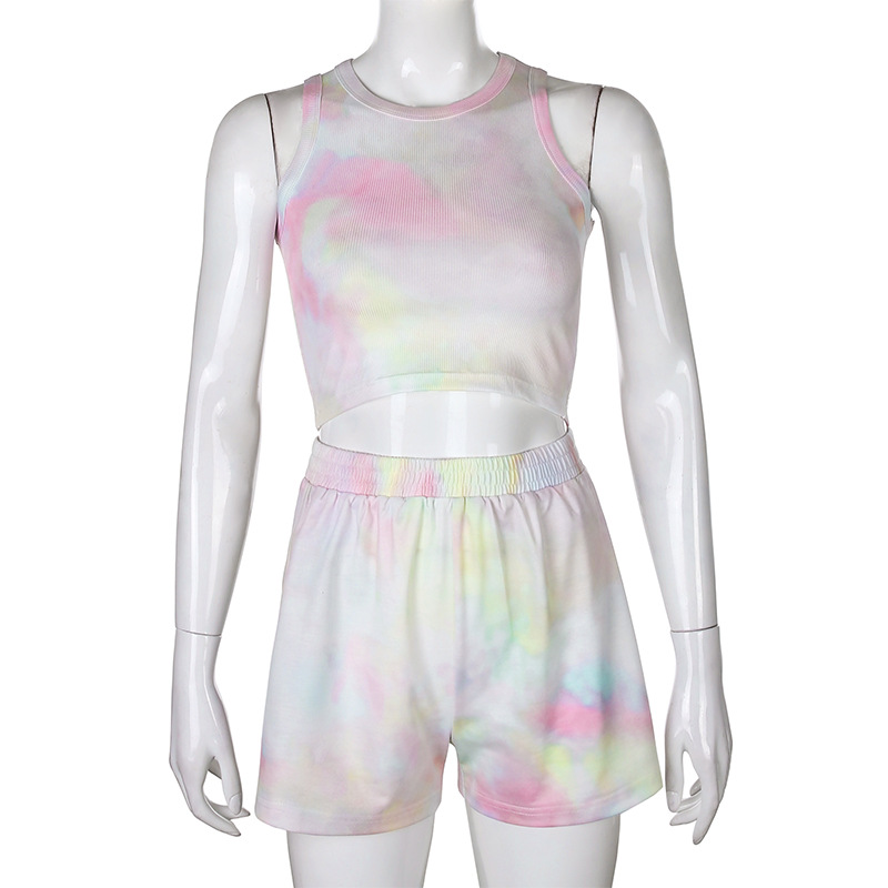 Summer 2020 Aliexpress New Women's fashion versatile tie-dye slimming Slimming crop vest shorts hair