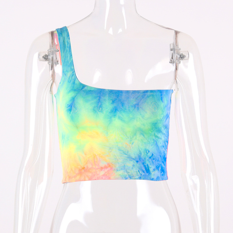 Summer Amazon hot selling women sexy one-shoulder tie-dye vest women hair replacement