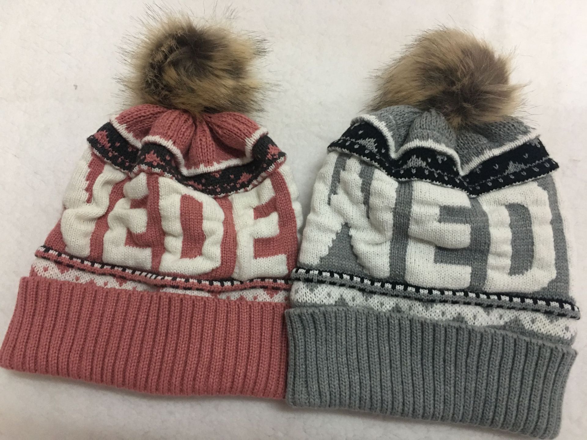 Winter European American Style Knitted Letter Jacquard Warm Women's Hat Plush Lining Big Fur Ball Men's Section-Dye String Hat