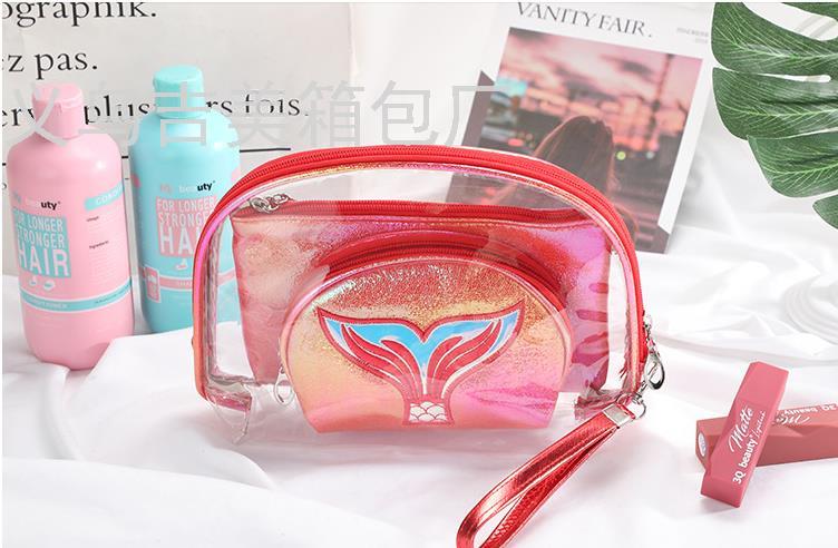 New Fashion Trendy PVC Mermaid Tail Three-Piece Set Cosmetic Bag Female Creative Simple Cartoon Laser Wash Bag