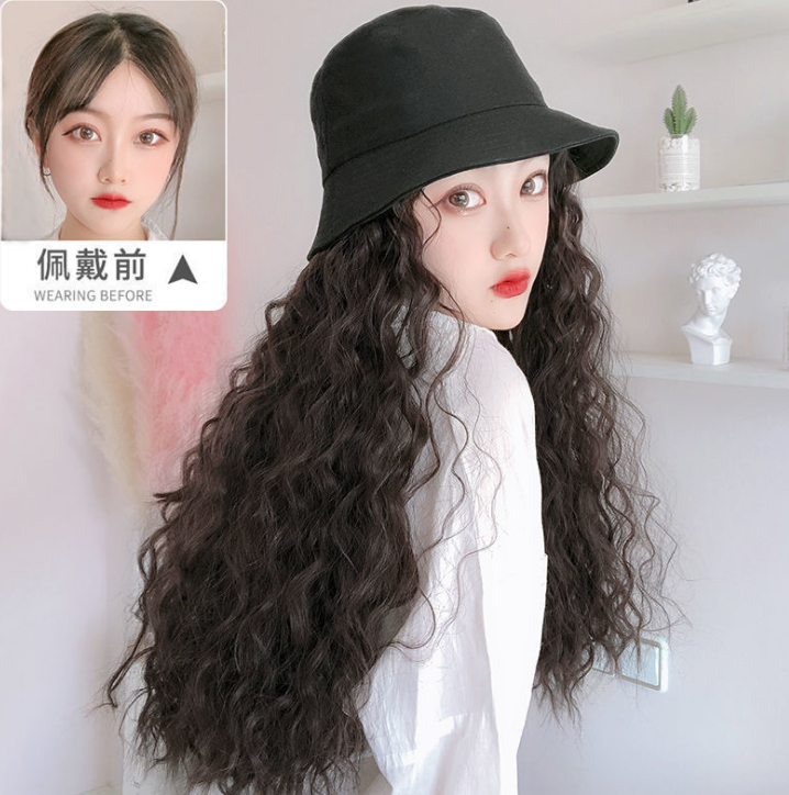 Internet Celebrity Fisherman Hat Wig One Female Fashion Long Curly Hair Big Wave Natural Full-Head Wig Style
