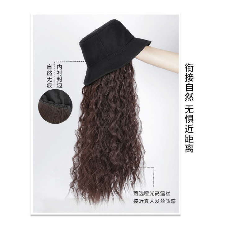 Internet Celebrity Fisherman Hat Wig One Female Fashion Long Curly Hair Big Wave Natural Full-Head Wig Style