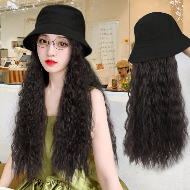 Internet Celebrity Fisherman Hat Wig One Female Fashion Long Curly Hair Big Wave Natural Full-Head Wig Style