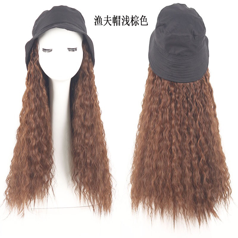 Factory direct selling fisherman's hat corn perm integral wig women's wool roll water ripple long curly hair wig Factory direct selling fisherman's hat corn perm integral wig women's wool roll water ripple long curly hair wig