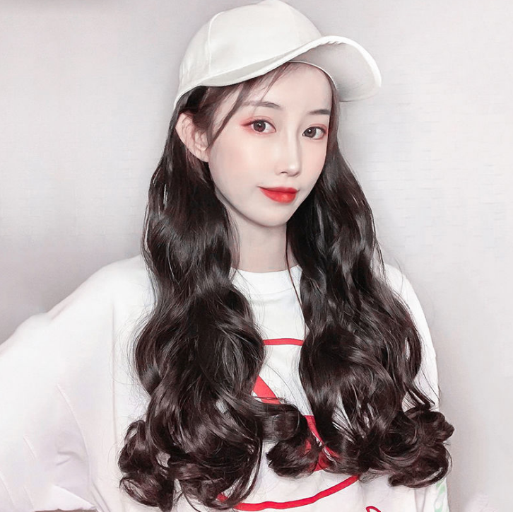 Fashion Long Curly Hair Internet Celebrity Peaked Cap Autumn and Winter Style Natural Full-Head Wig