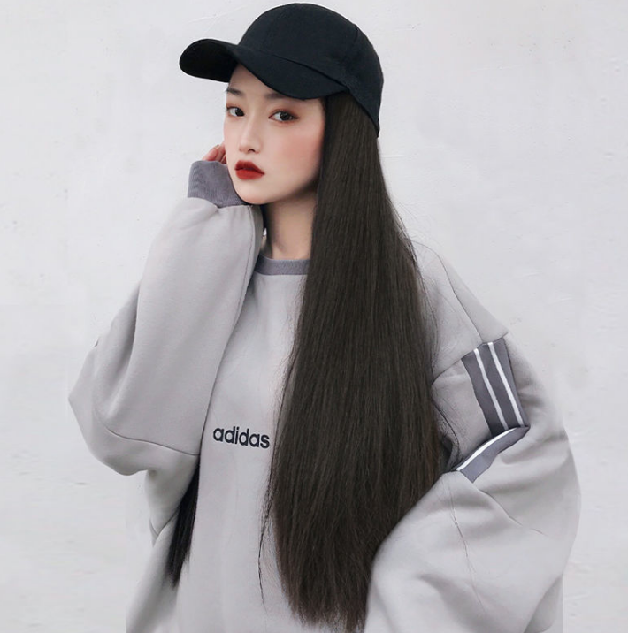 Fashion Long Curly Hair Internet Celebrity Peaked Cap Autumn and Winter Style Natural Full-Head Wig