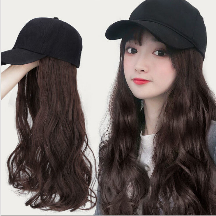Fashion Long Curly Hair Internet Celebrity Peaked Cap Autumn and Winter Style Natural Full-Head Wig