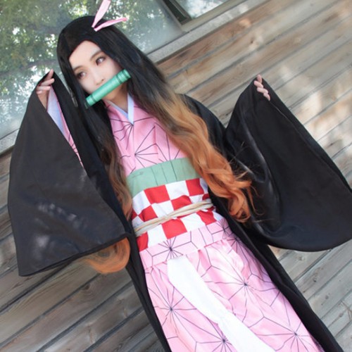 Kimetsu No Yaiba Stove Door Nezuko BA Xun Ningning Cos Anime Long Curly Wig Spot Factory Direct Supply