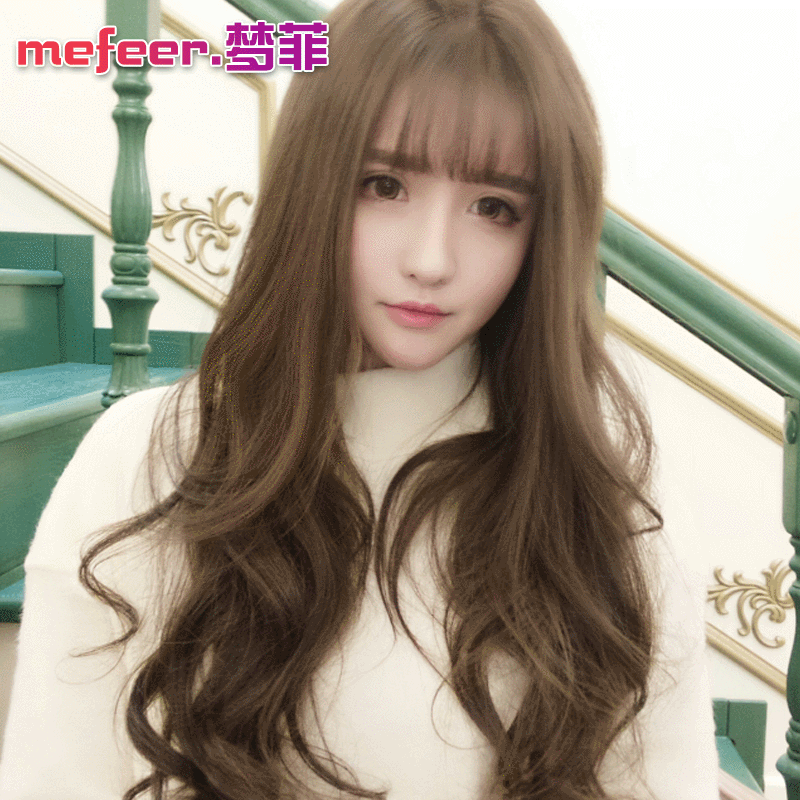 Internet Celebrity Wig Female Long Curly Hair Big Wave Thin Air Bangs Hairstyle Realistic Wig Sheath Full-Head Wig Wholesale Wigs