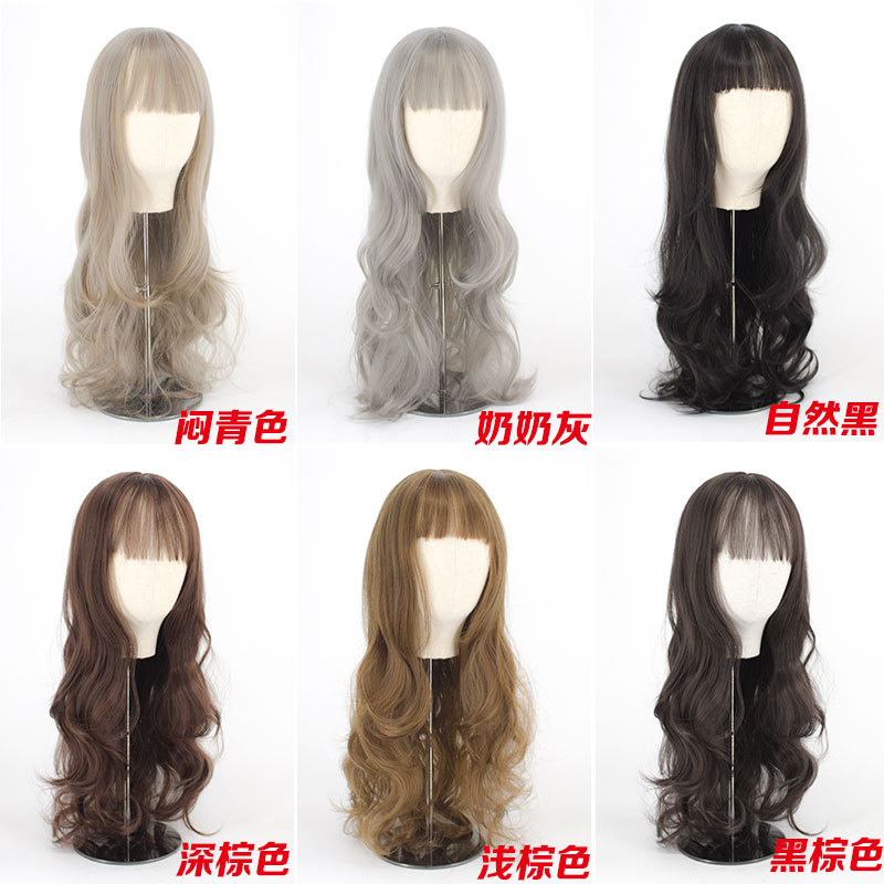 Internet Celebrity Wig Female Long Curly Hair Big Wave Thin Air Bangs Hairstyle Realistic Wig Sheath Full-Head Wig Wholesale Wigs